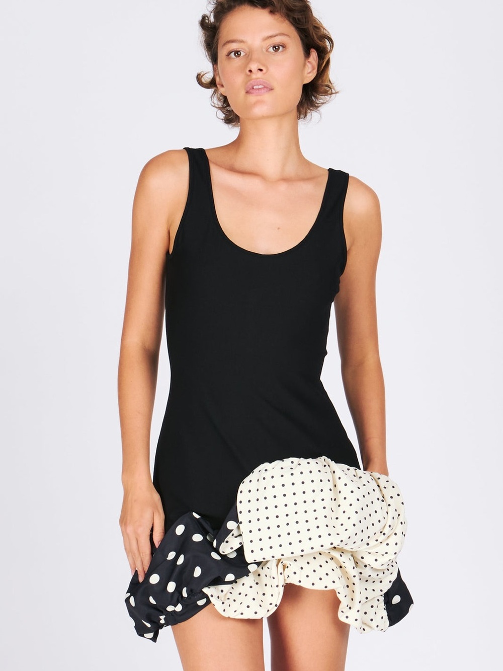 Rachel Antonoff Black Scoop Neck Mini Dress with Polka Dot Ruffle